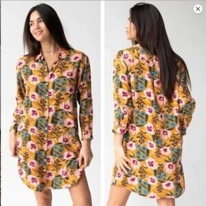 Natural Life Floral Shirt Dress Yellow Coastal Boho Tunic Sz S Artsy Resort wear